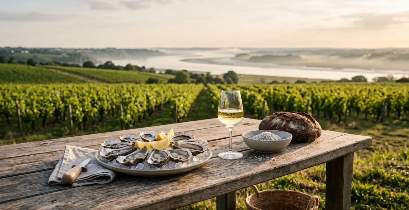 Table dressée en extérieur associant produits de la mer et vin blanc face à un paysage de vignoble et d'estuaire en Loire-Atlantique