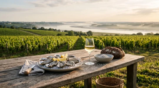 Table dressée en extérieur associant produits de la mer et vin blanc face à un paysage de vignoble et d'estuaire en Loire-Atlantique