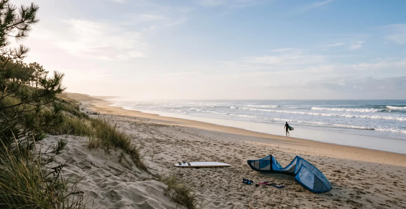 Vue large d'une plage de Loire-Atlantique bordée de pins avec une planche de surf et une aile de kitesurf posées sur le sable au petit matin
