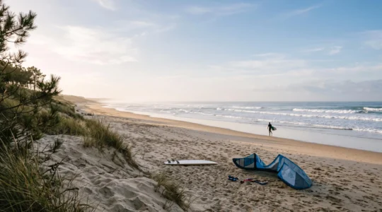 Vue large d'une plage de Loire-Atlantique bordée de pins avec une planche de surf et une aile de kitesurf posées sur le sable au petit matin