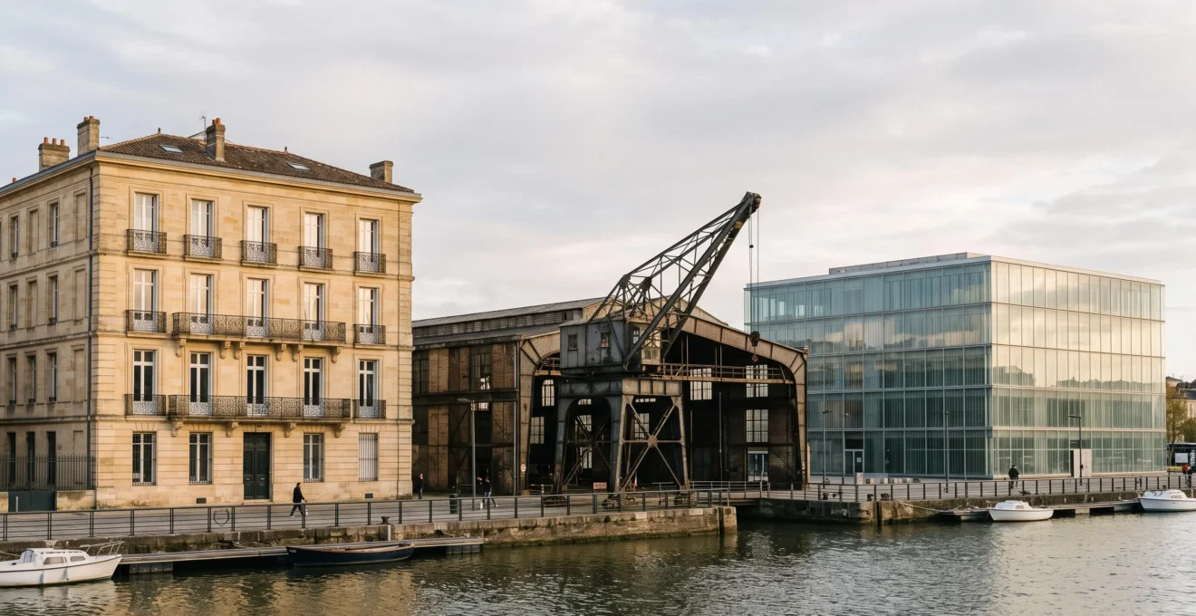 Vue panoramique de Nantes montrant la superposition d'une façade en pierre de tuffeau, d'une structure en acier industriel et d'une architecture contemporaine en verre