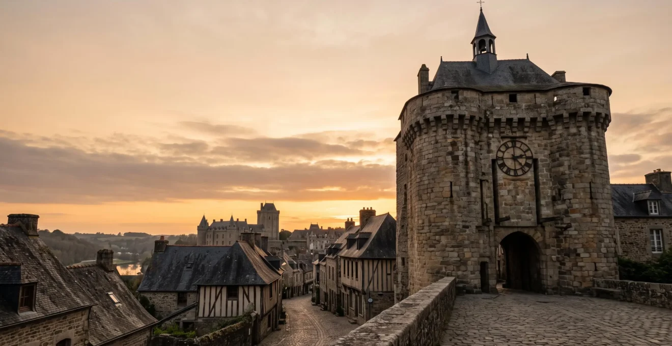 Beffroi médiéval en pierre dominant une cité fortifiée de Loire-Atlantique au coucher du soleil, symbole du pouvoir communal