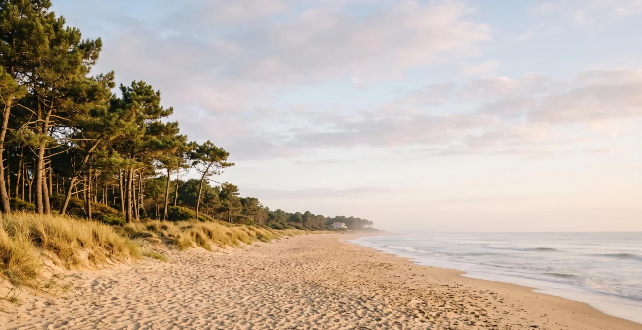 Vue large d'une plage sauvage bordée de dunes et de pins à Saint-Brevin-les-Pins en Loire-Atlantique, loin de la foule estivale