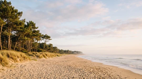 Vue large d'une plage sauvage bordée de dunes et de pins à Saint-Brevin-les-Pins en Loire-Atlantique, loin de la foule estivale