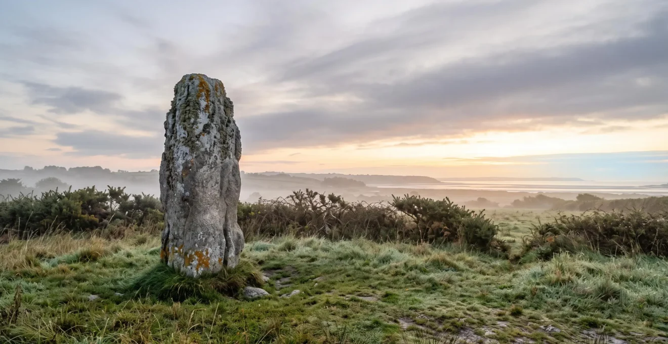 Menhir isolé dans un paysage de bocage brumeux de Loire-Atlantique au lever du jour, symbole des vestiges préhistoriques oubliés