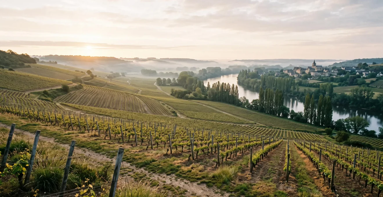 Vue panoramique du vignoble nantais avec ses rangs de vigne vallonnés surplombant la Sèvre Nantaise au petit matin