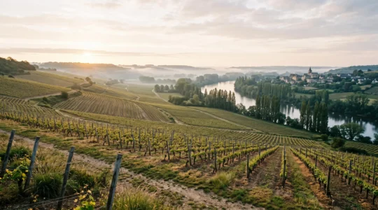 Vue panoramique du vignoble nantais avec ses rangs de vigne vallonnés surplombant la Sèvre Nantaise au petit matin