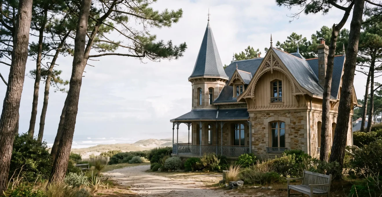 Facade d'une villa balneaire Belle Epoque a La Baule sous les pins maritimes, illustrant les styles architecturaux de la cote d'Amour