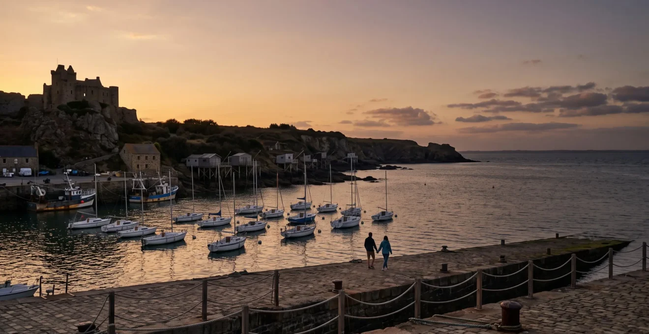 Vue panoramique du vieux port de Pornic au coucher du soleil avec le château en arrière-plan et la côte sauvage à l'horizon