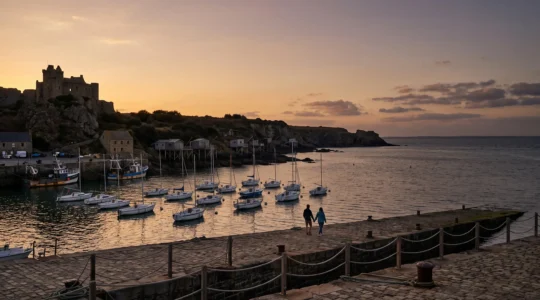 Vue panoramique du vieux port de Pornic au coucher du soleil avec le château en arrière-plan et la côte sauvage à l'horizon