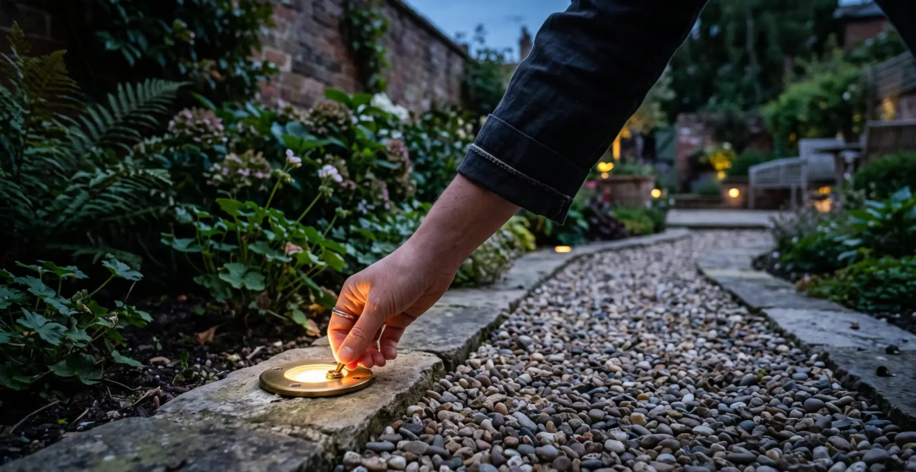 Une main allume un luminaire extérieur au sol le long d'un chemin gravillonné.
