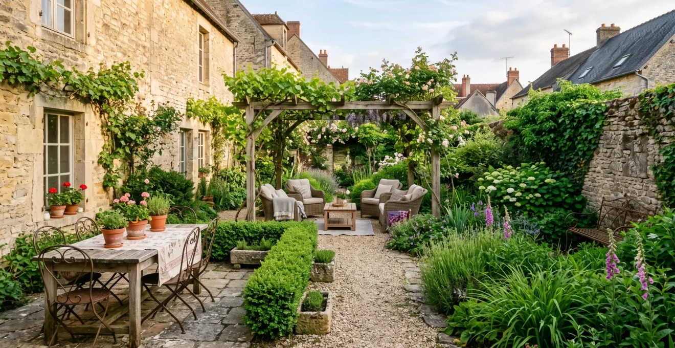 Un jardin étroit de ville découpé en plusieurs espaces de vie reliés entre eux.