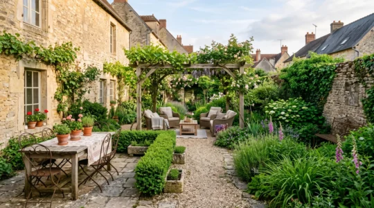Un jardin étroit de ville découpé en plusieurs espaces de vie reliés entre eux.