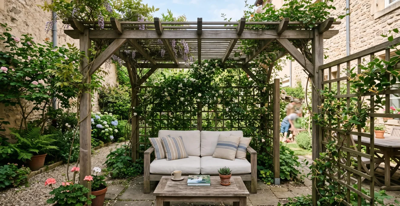Un coin lounge sous pergola végétalisée délimite une zone du jardin étroit.