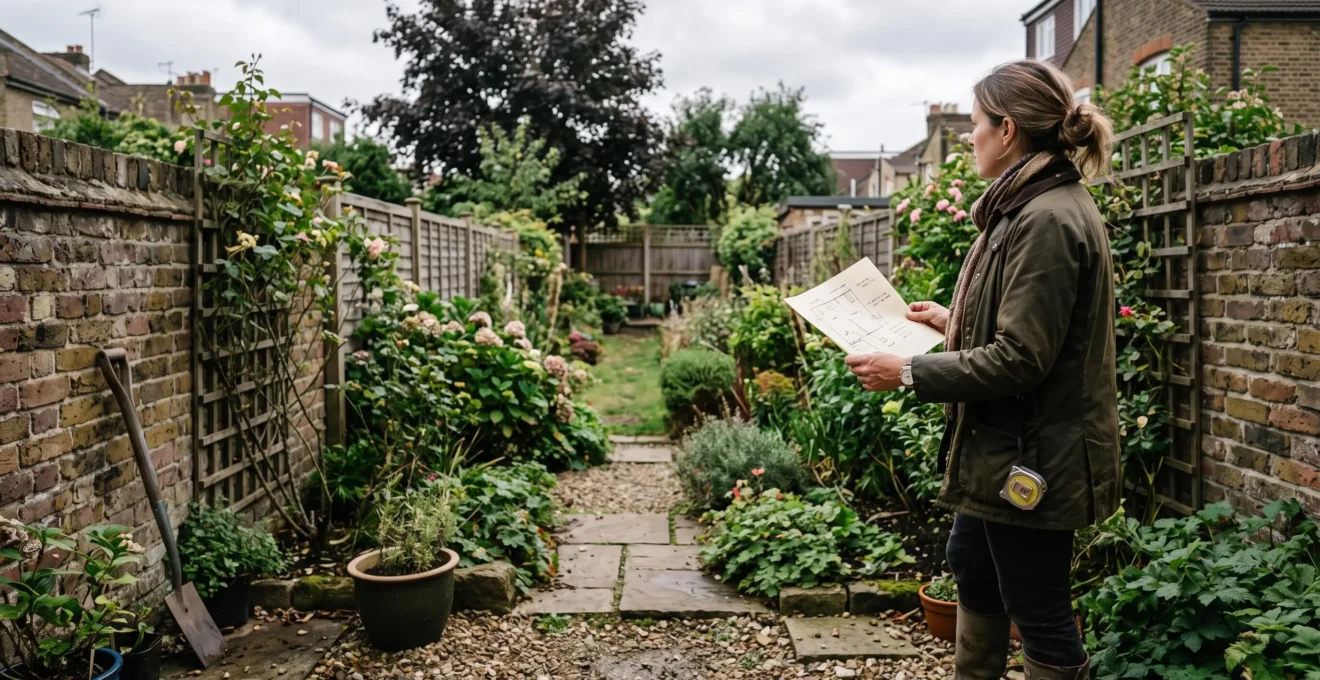 Une personne compare un plan d'aménagement avec l'espace réel de son jardin.